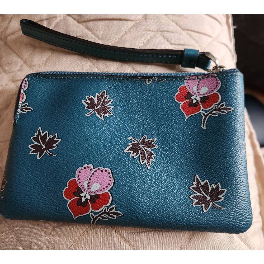 Coach Dark Teal Wristlet with Floral Design EUC (P) - Picture 3 of 9